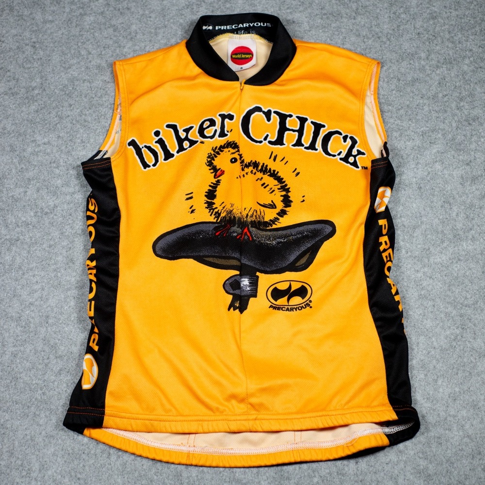 Precarious Biker Chick Sleeveless Cycling Jersey Womens Medium Yellow Full Zip S